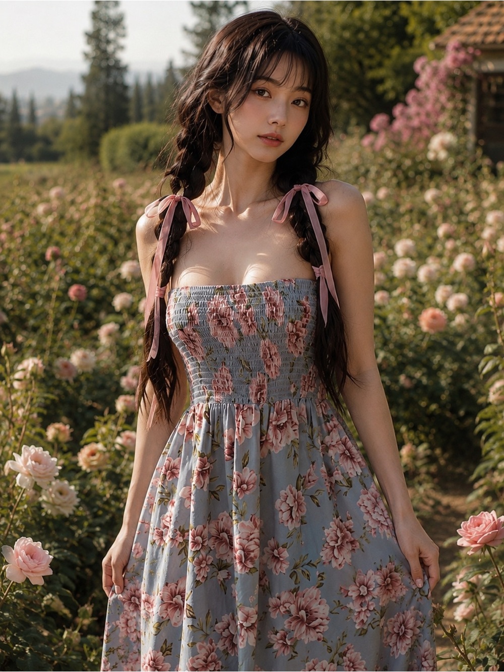 Soft Skies & Secret Gardens blooming cottagecore strapless smocked maxi dress